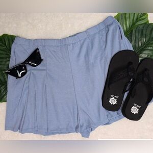 Heyson Dusty Blue Ribbed Pleated Flare Shorts with Elastic Waistband pockets